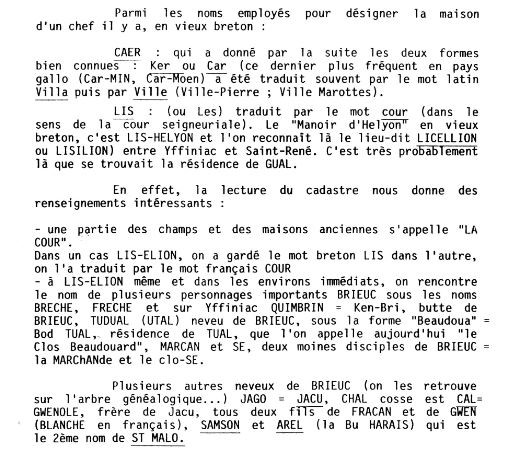 Extrait de l’ouvrage sur la toponymie des noms de lieux à Hillion par l’abbé Martin
